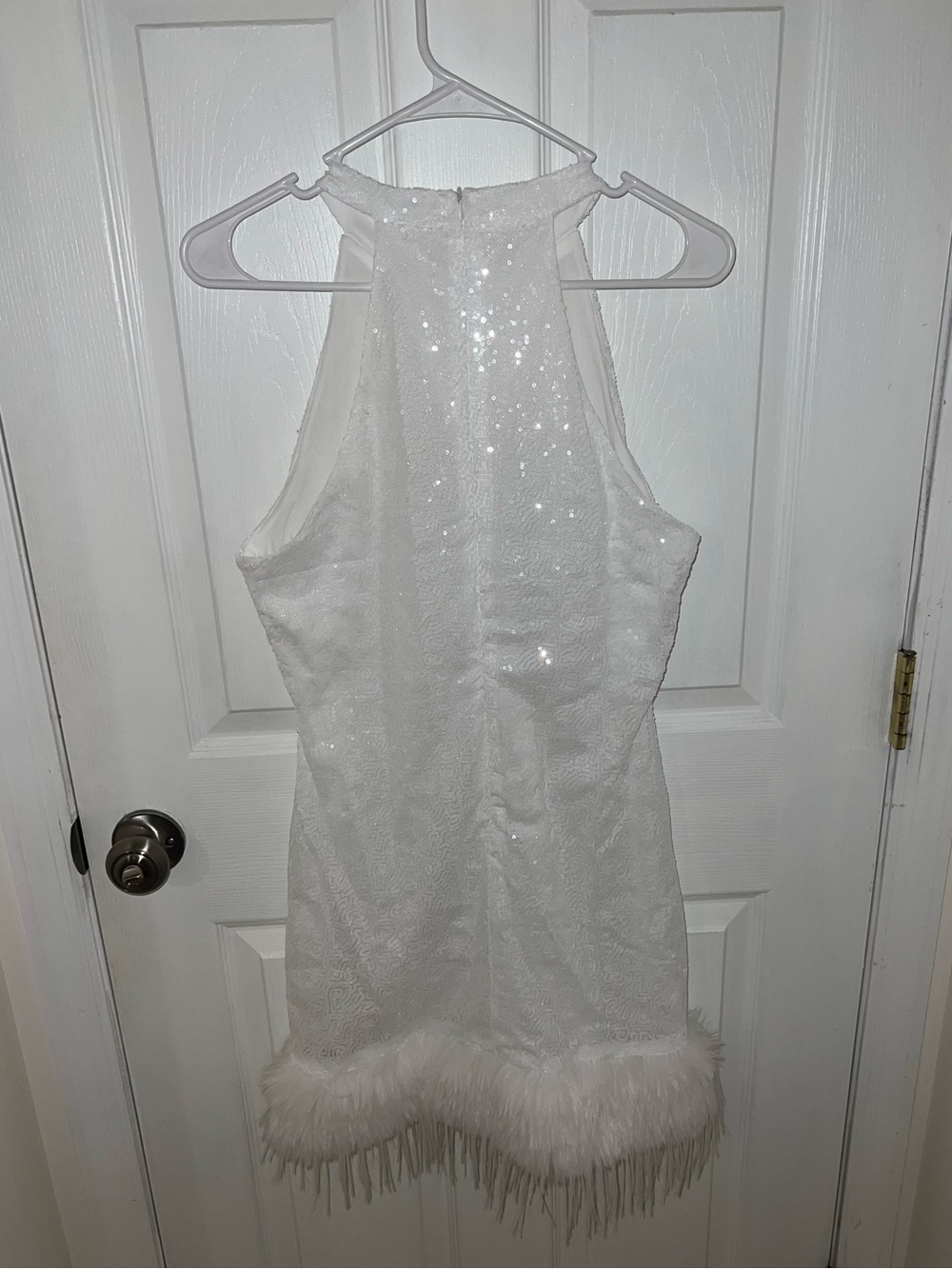 White Sequin Halter Dress with Feather Hem - Picture 2 of 3